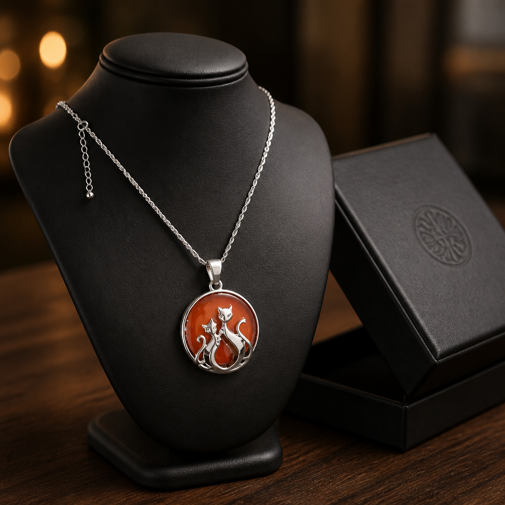 RED JASPER CAT PENDANT ON STAINLESS STEEL CHAIN