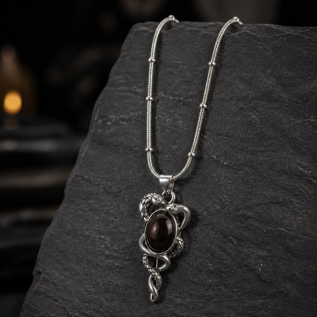 SNAKE PENDANT WITH AMBER STONE ON STAINLESS STEEL CHAIN