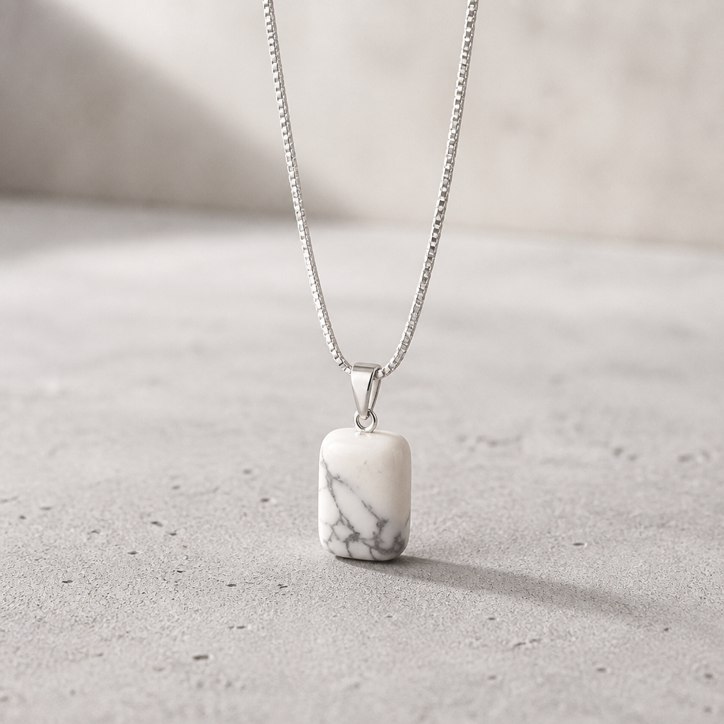 HOWLITE CUBE PENDANT ON STAINLESS STEEL CHAIN
