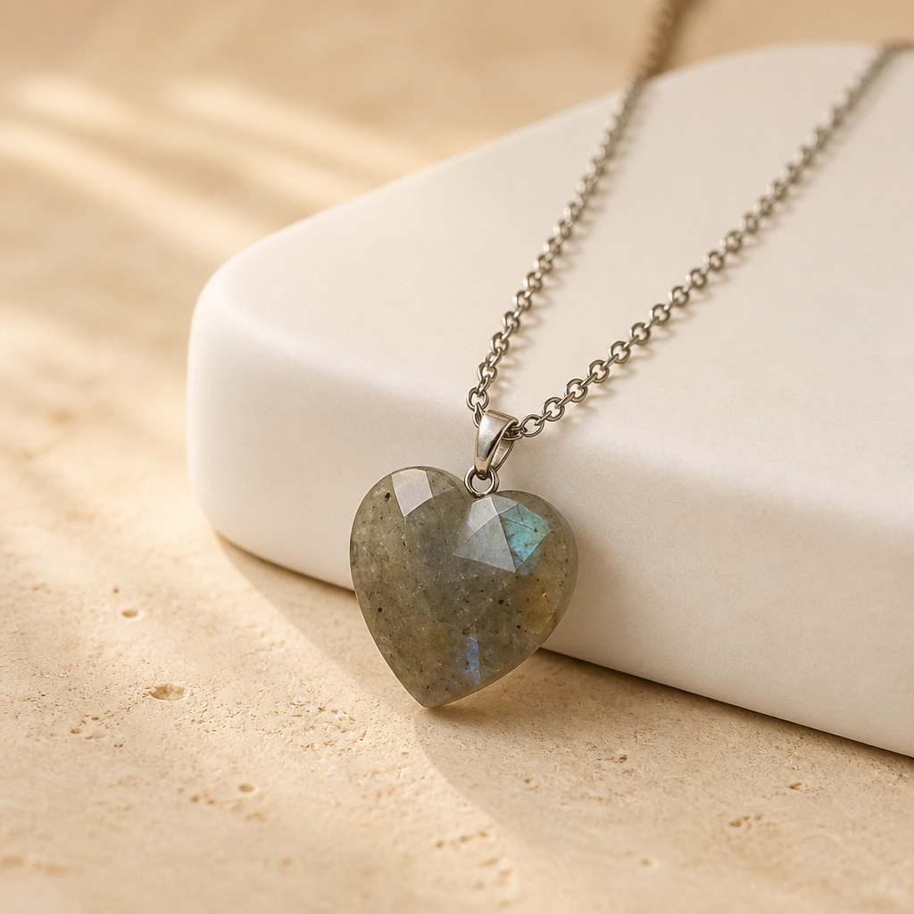 LABRADORITE FACETED HEART PENDANT ON STAINLESS STEEL CHAIN