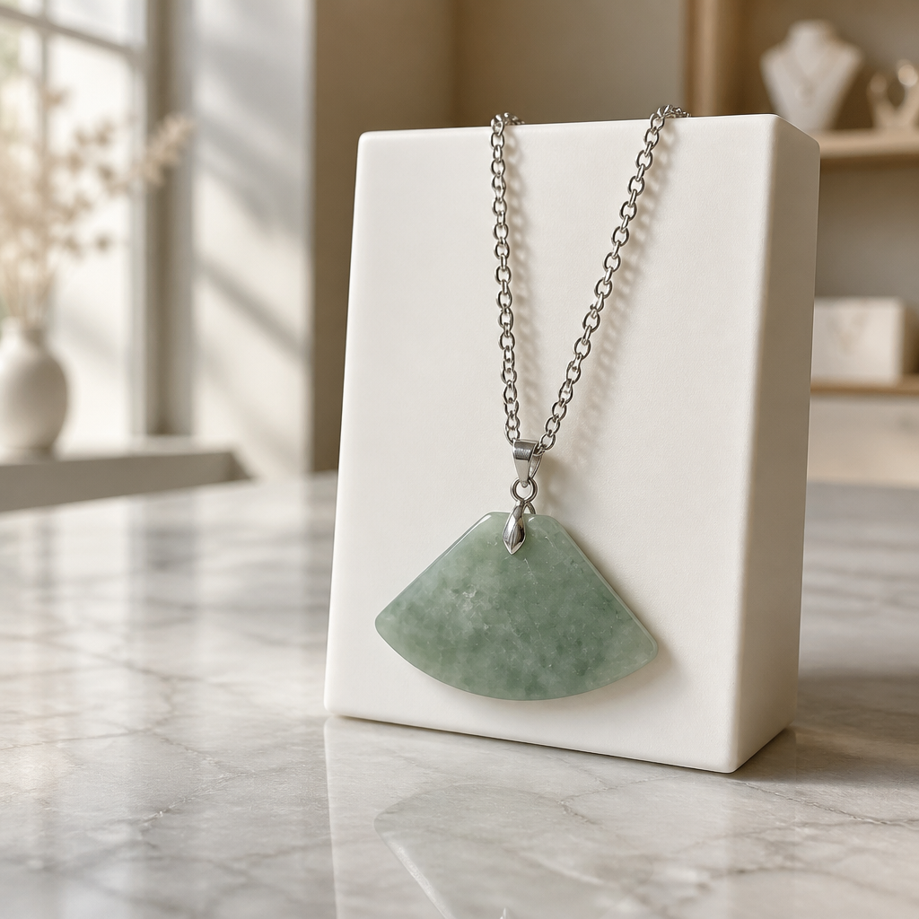 GREEN AVENTURINE FAN PENDANT ON STAINLESS STEEL CHAIN