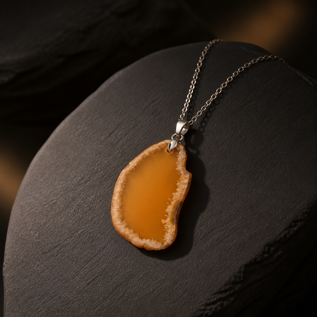 YELLOW AGATE SLICE PENDANT ON STAINLESS STEEL CHAIN