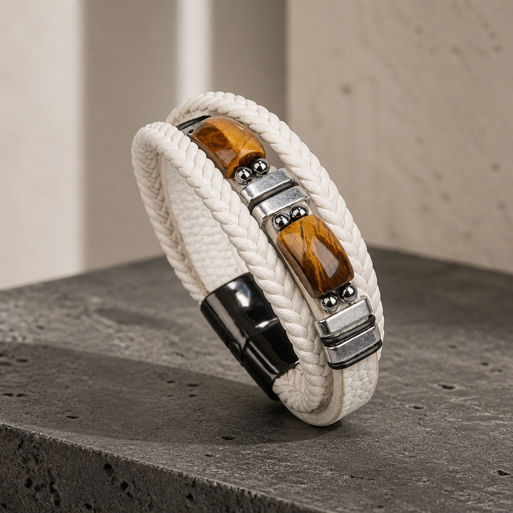 WHITE TIGER EYE LEATHER BRACELET SIZE 9 IN