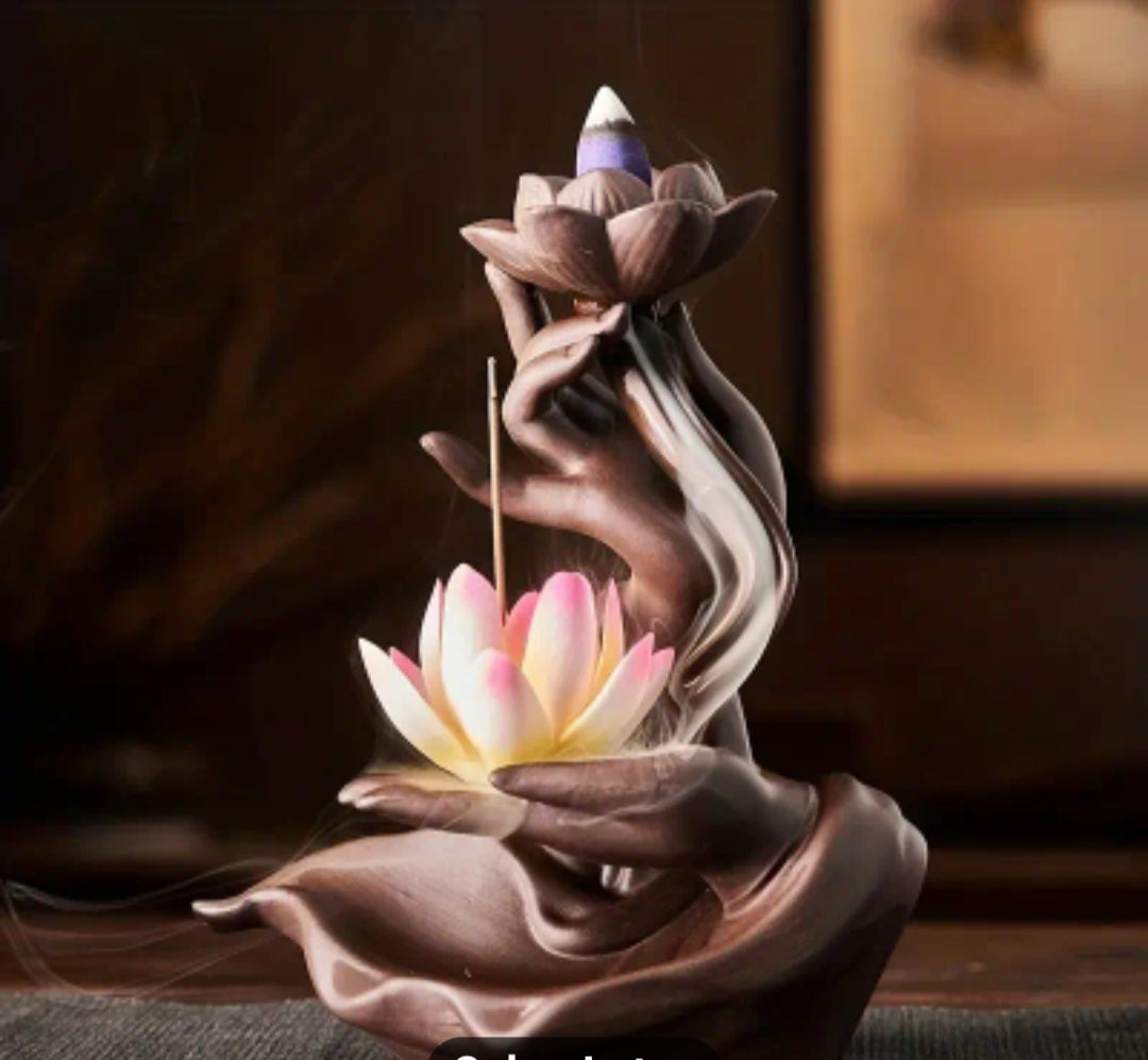 BUDDHA HAND BLACKFLOW INCENSE BURNER HOLDER-COLORFUL LOTUS FLOWER