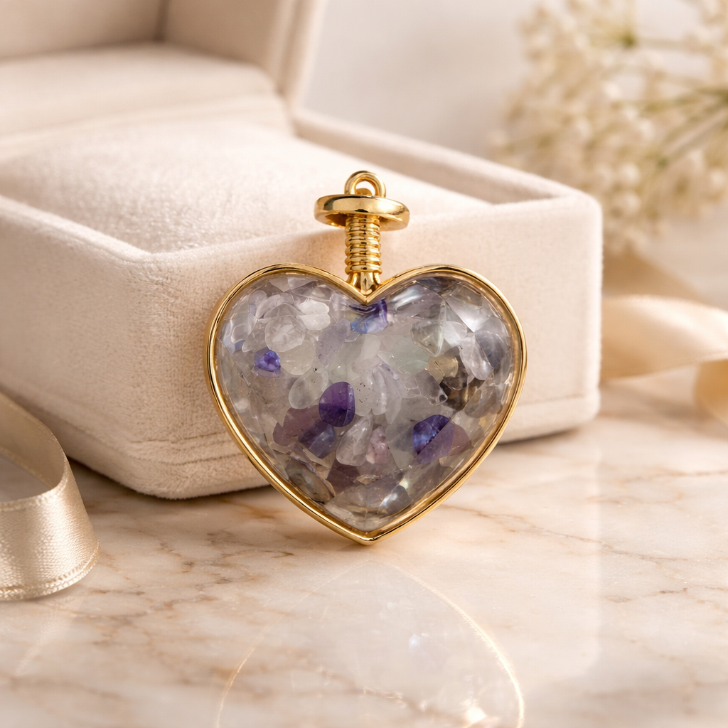 CLEAR QUARTZ AND AMETHYST GOLD HEART CHIP PENDANT