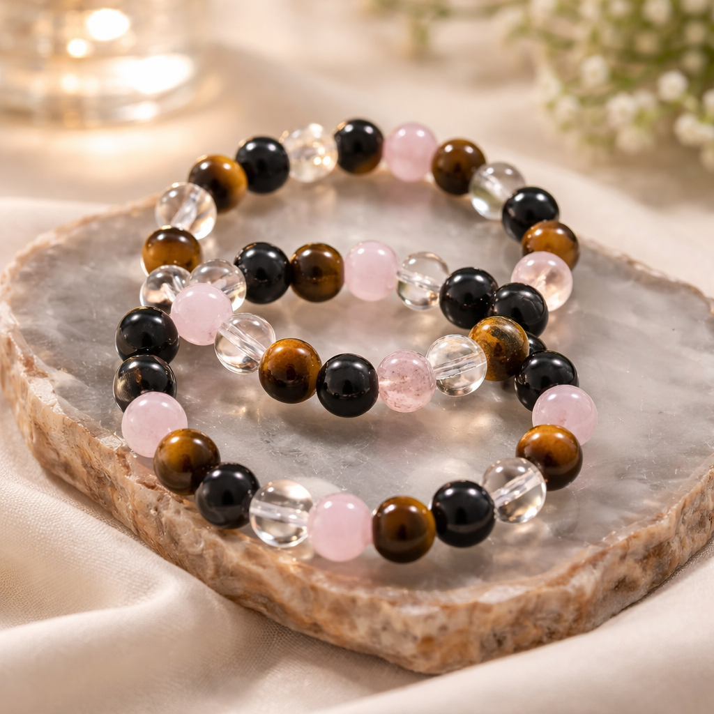 ROSE QUARTZ-TIGER EYE-HEMATITE-CLEAR QUARTZ BRACELET