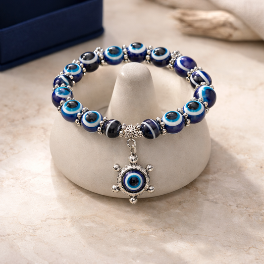 EVIL EYE BRACELET WITH TURTLE CHARM