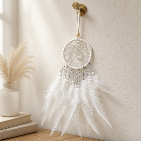 DREAM CATCHER WHITE WITH CLEAR QUARTZ CRYSTAL