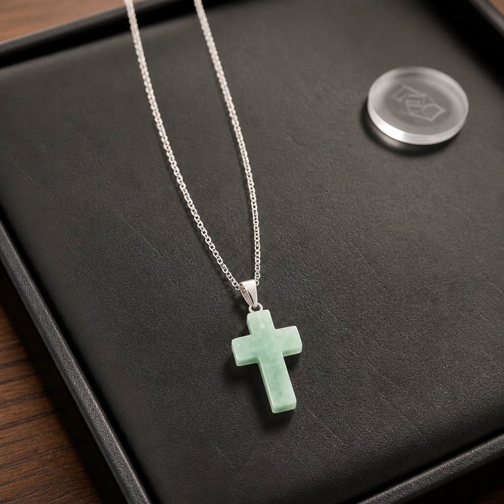GREEN AVENTURINE CROSS ON STAINLESS STEEL CHAIN