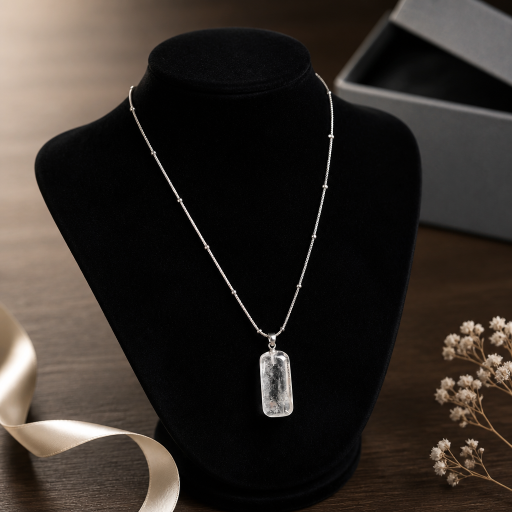 CLEAR QUARTZ PENDANT ON STAINLESS STEEL BALL CHAIN