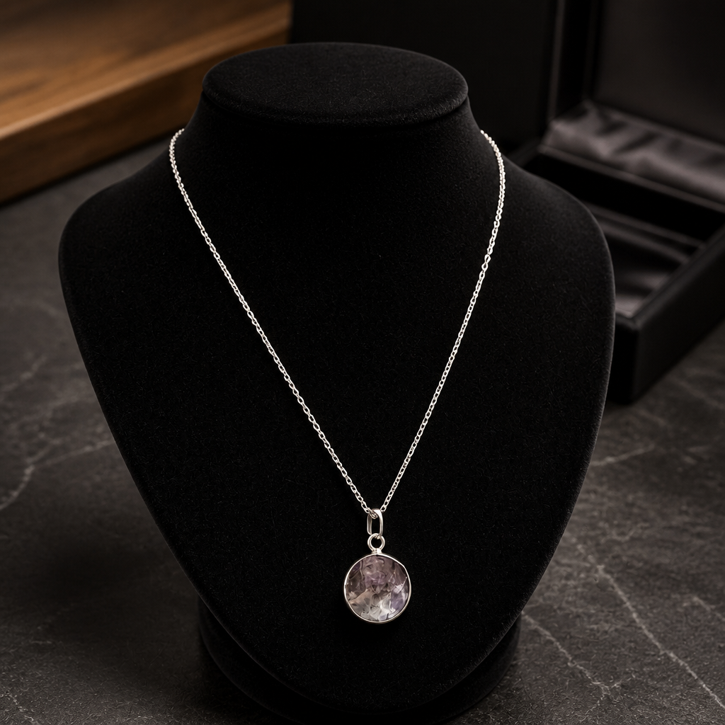 AMETHYST ROUND PENDANT ON STAINLESS STEEL CHAIN