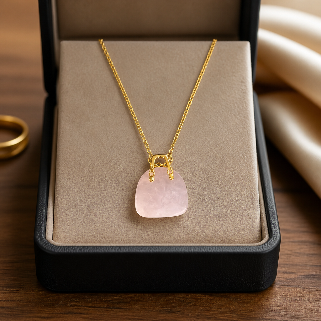 ROSE QUARTZ HANDBAG PENDANT ON GOLD COLORED STAINLESS STEEL CHAIN