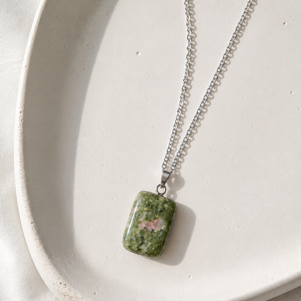 UNAKITE CUBE NECKLACE ON STAINLESS STEEL CHAIN