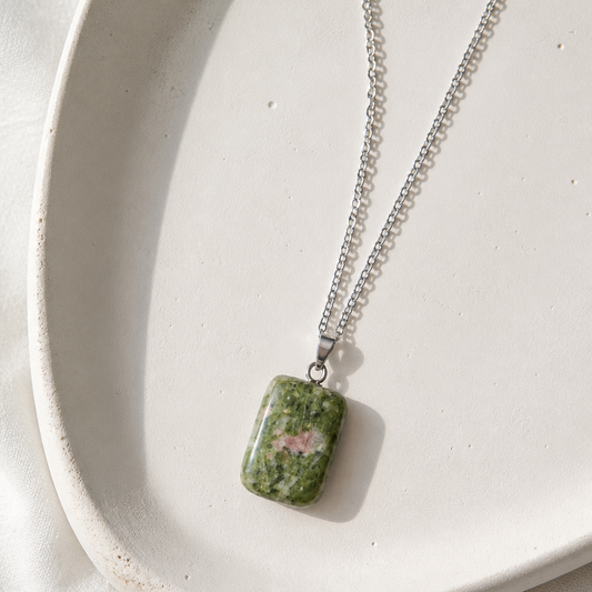 UNAKITE CUBE NECKLACE ON STAINLESS STEEL CHAIN