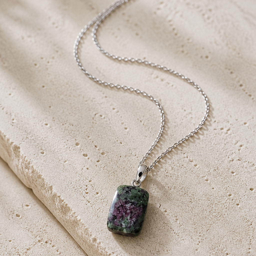 RUBY ZOISITE CUBE ON STAINLESS STEEL CHAIN