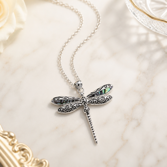 ABALONE DRAGONFLY PENDANT NECKLACE