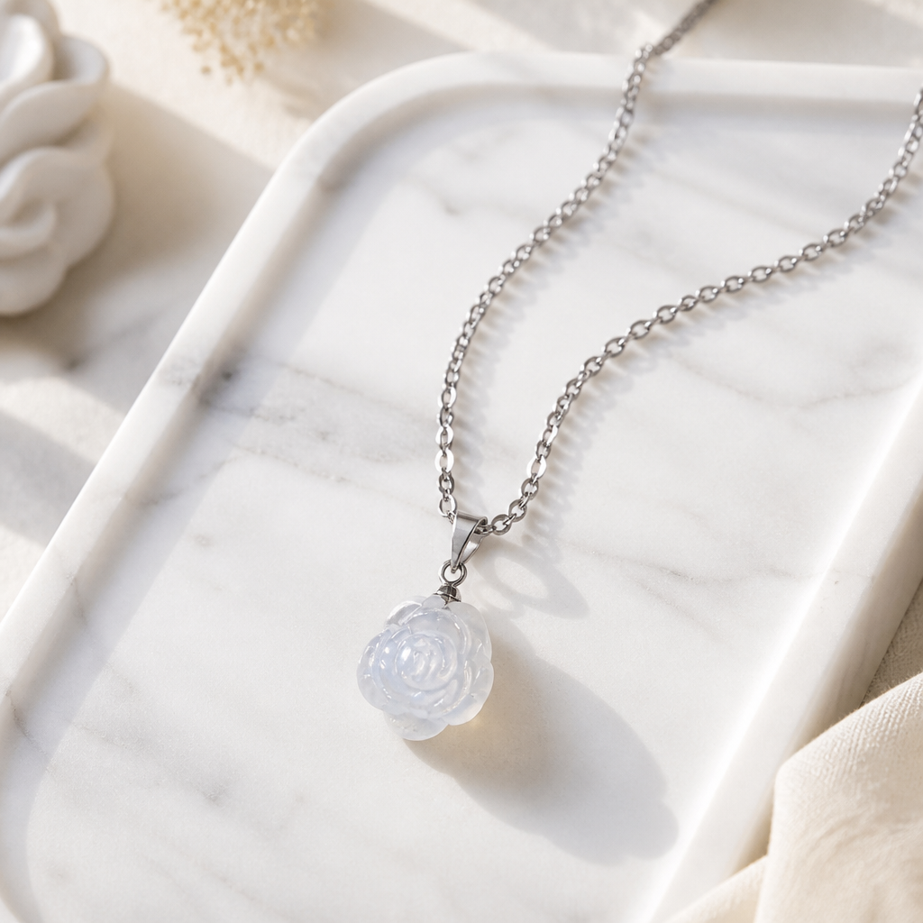 CLEAR QUARTZ ROSE PENDANT ON STAINLESS STEEL CHAIN