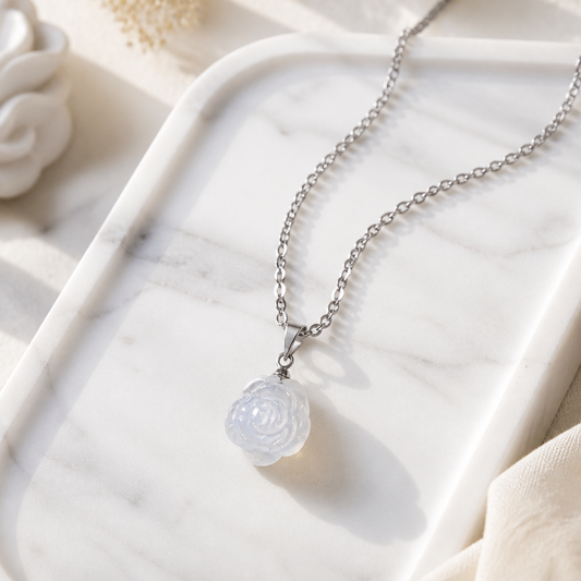CLEAR QUARTZ ROSE PENDANT ON STAINLESS STEEL CHAIN