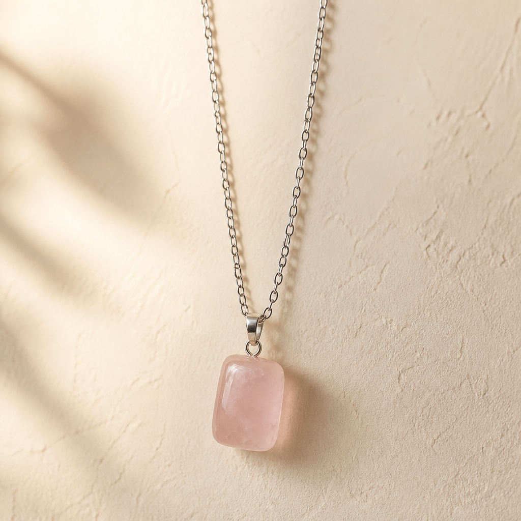 ROSE QUARTZ CUBE PENDANT ON STAINLESS STEEL CHAIN