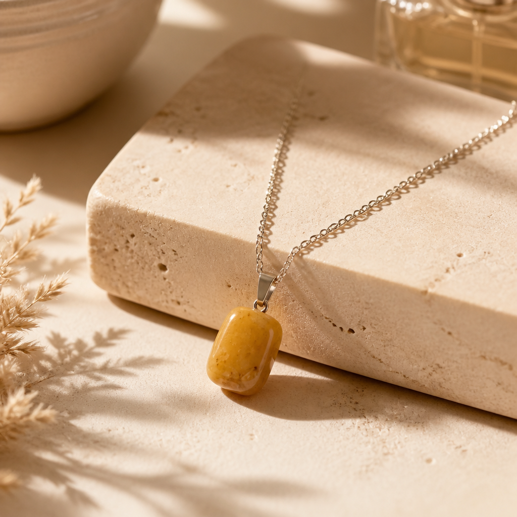 YELLOW JADE CUBE ON STAINLESS STEEL CHAIN