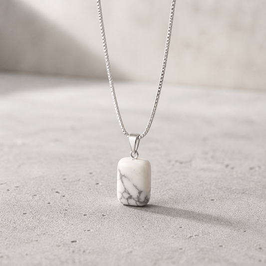 HOWLITE CUBE PENDANT ON STAINLESS STEEL CHAIN