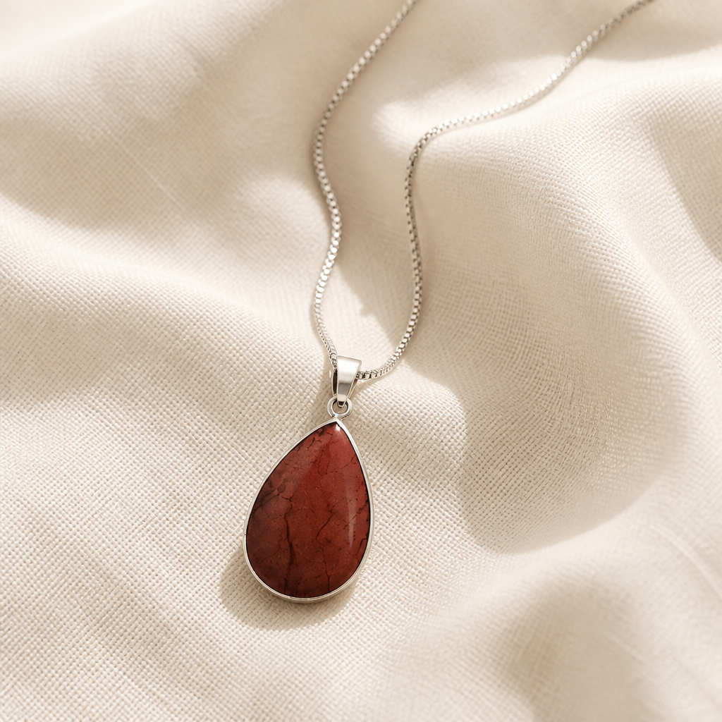RED JASPER TEARDROP PENDANT ON STAINLESS STEEL CHAIN