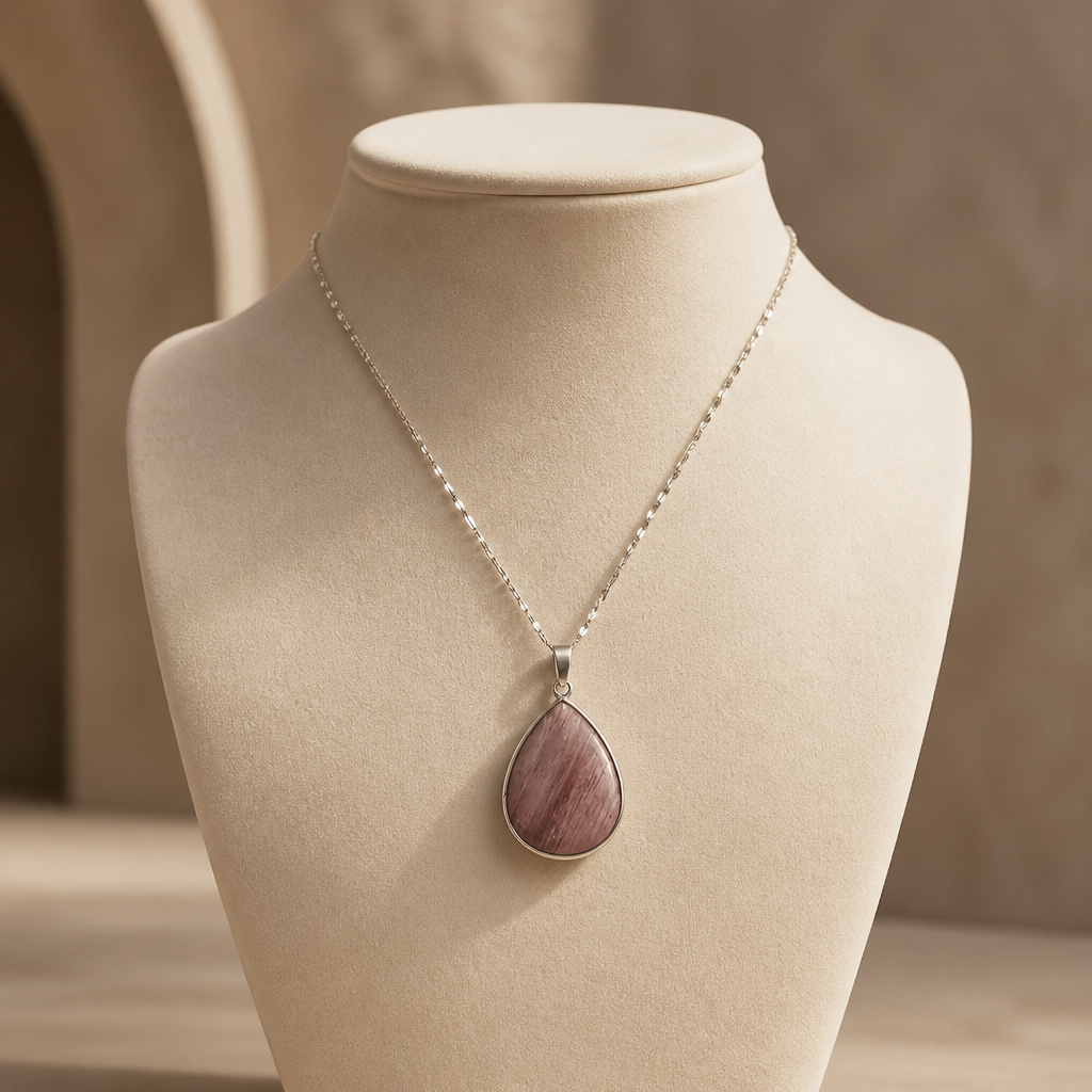 RHODONITE TEARDROP PENDANT ON STAINLESS STEEL CHAIN
