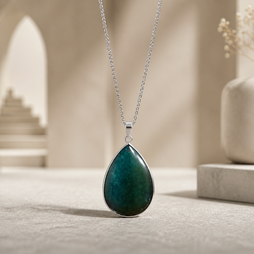 GREEN JADE TEARDROP PENDANT ON STAINLESS STEEL CHAIN