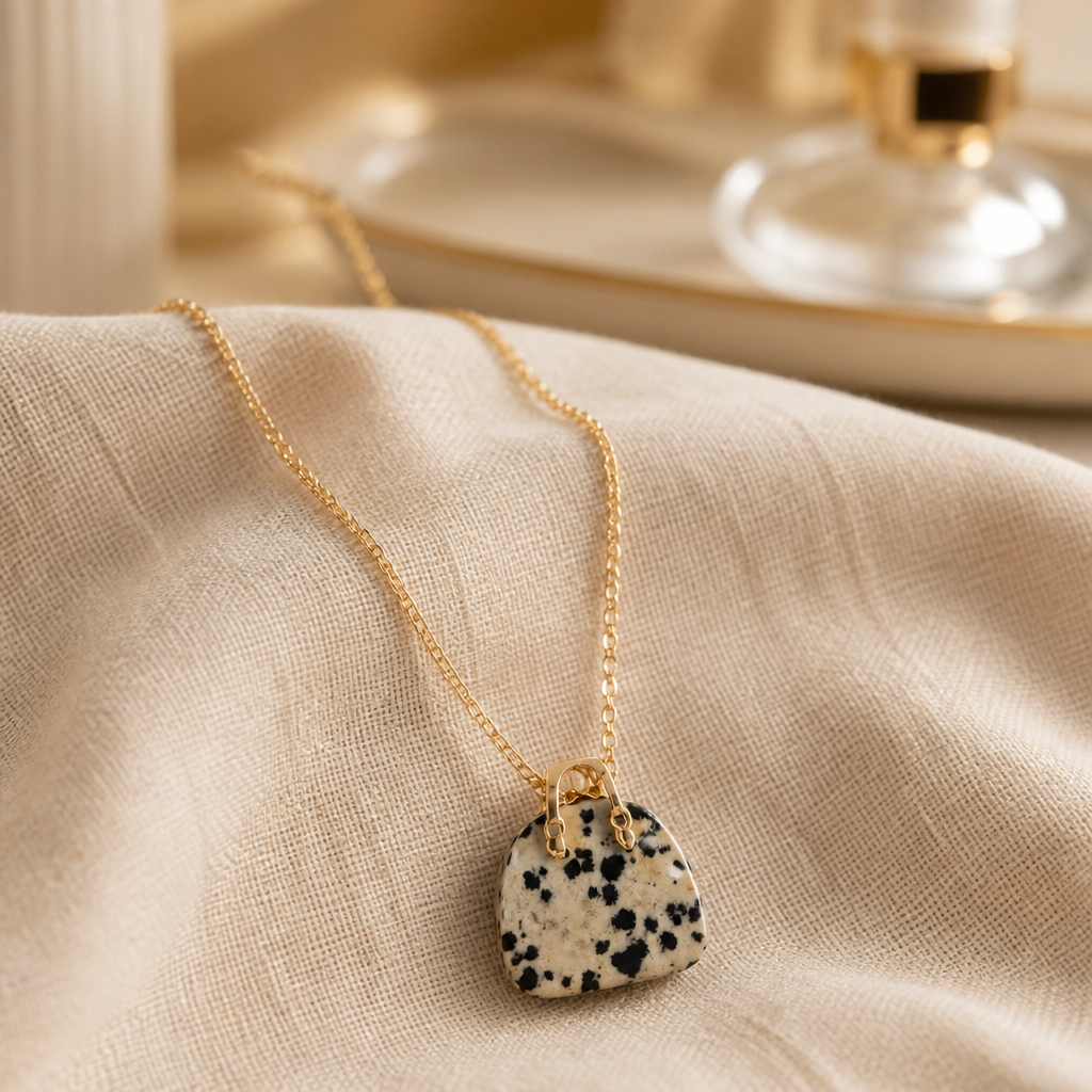 DALMATIAN JASPER HANDBAG PENDANT ON STAINLESS STEEL CHAIN