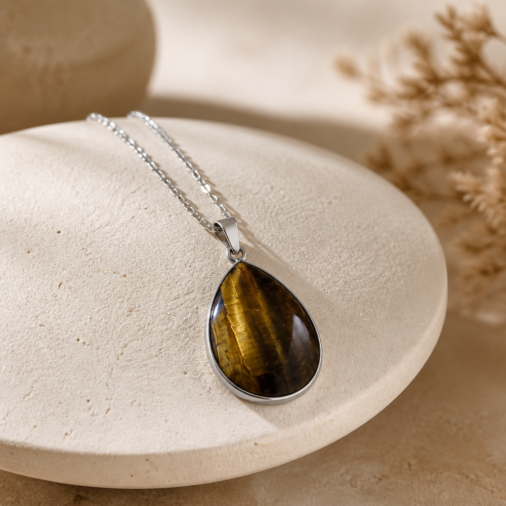 TIGER EYE TEARDROP PENDANT ON STAINLESS STEEL CHAIN