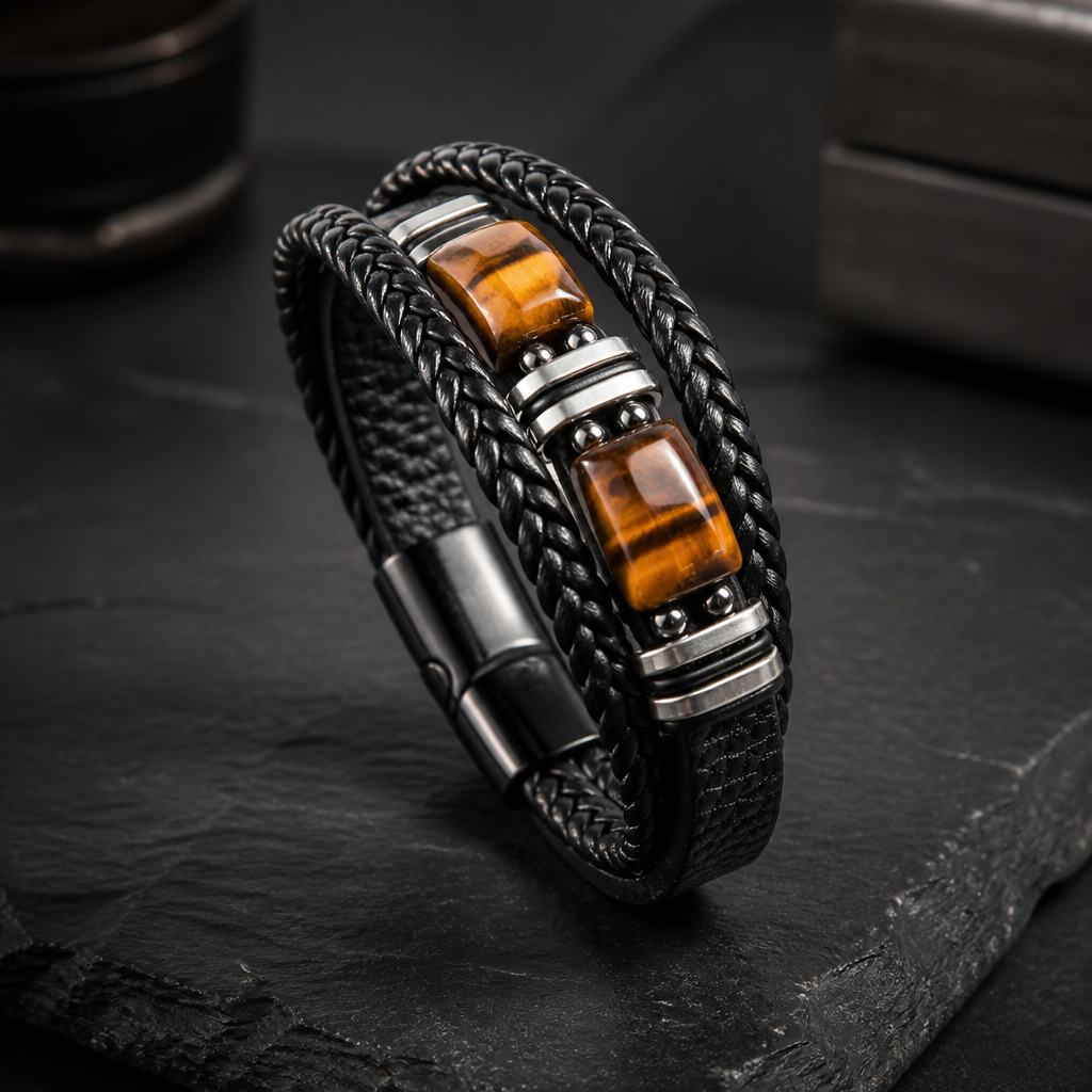 BLACK TIGER EYE LEATHER BRACELET SIZE 9 IN