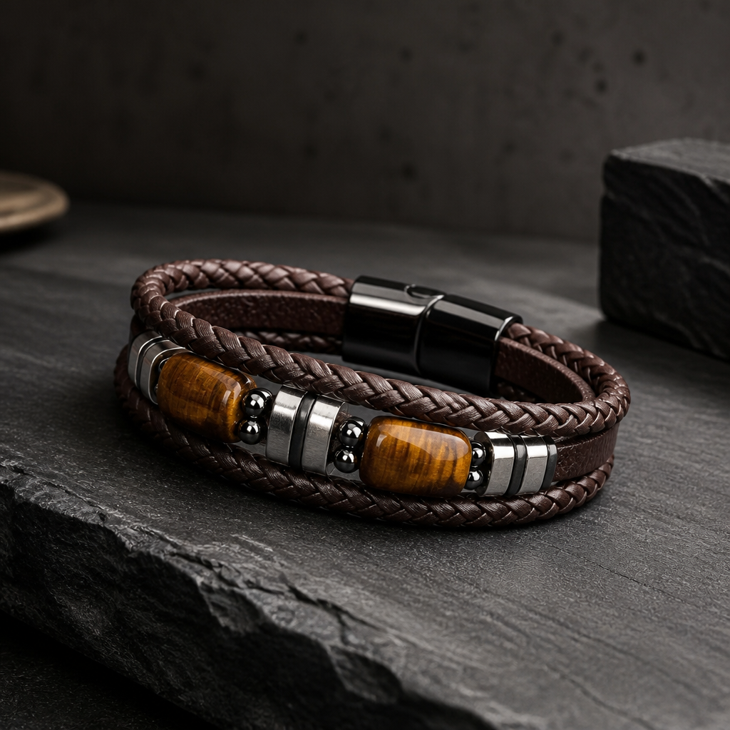BROWN TIGER EYE LEATHER BRACELET SIZE 9 IN