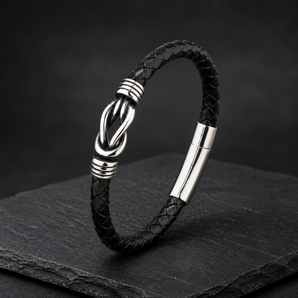 BLACK BRAIDED LEATHER BRACELET SIZE 8.5 IN