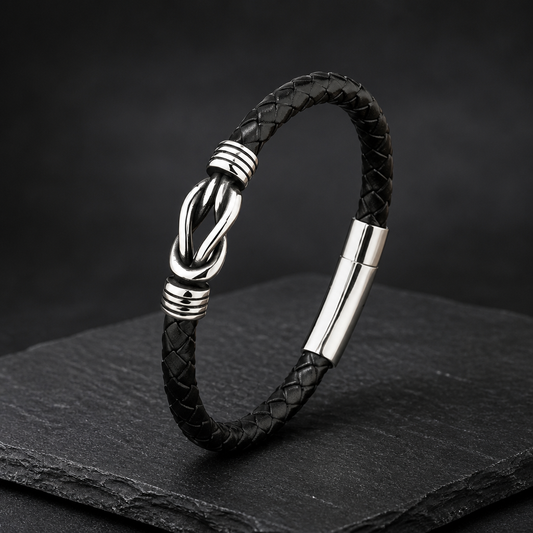 BLACK BRAIDED LEATHER BRACELET SIZE 8.5 IN