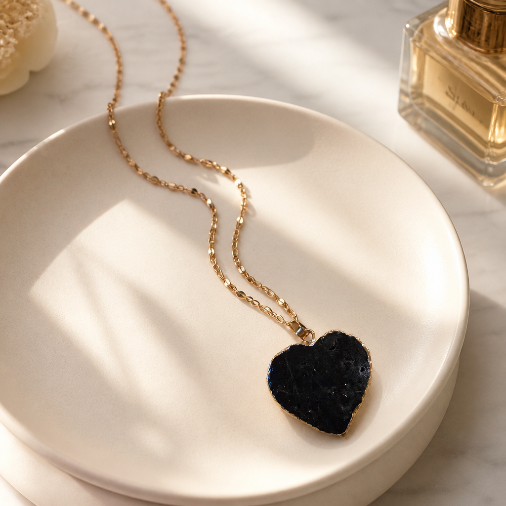 BLACK OBSIDIAN HEART PENDANT ON GOLD COLORED STAINLESS STEEL CHAIN
