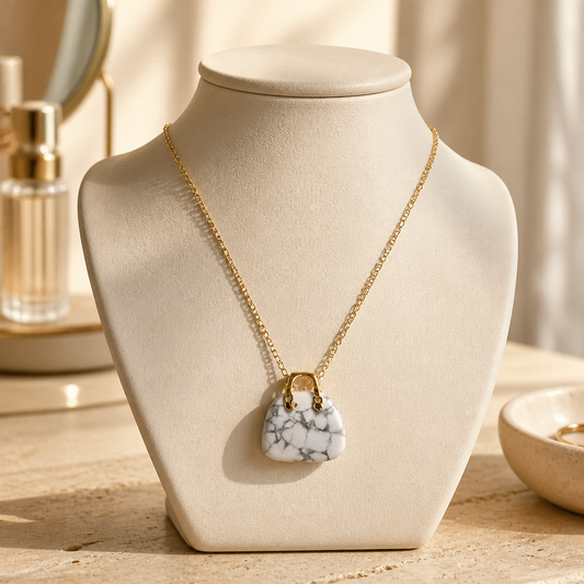 HOWLITE HANDBAG PENDANT ON GOLD COLORED STAINLESS STEEL CHAIN