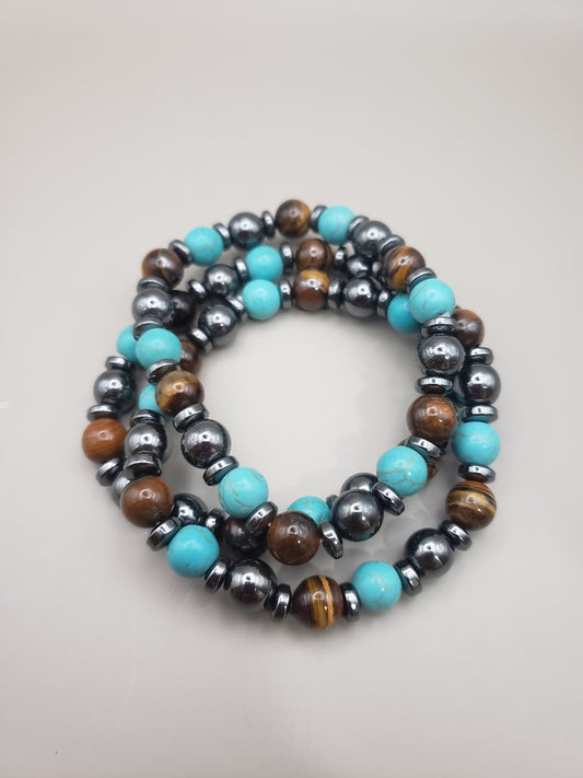 HEMATITE-TURQUOISE-TIGER EYE BRACELET