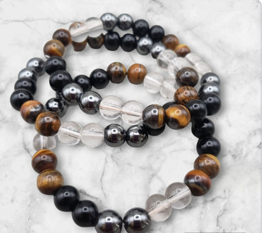 HEMATITE-BLACK OBSIDIAN-TIGER EYE-CLEAR QUARTZ BRACELET