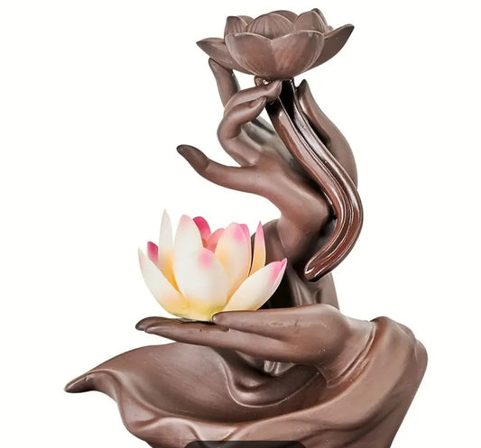 BUDDHA HAND BLACKFLOW INCENSE BURNER HOLDER-COLORFUL LOTUS FLOWER