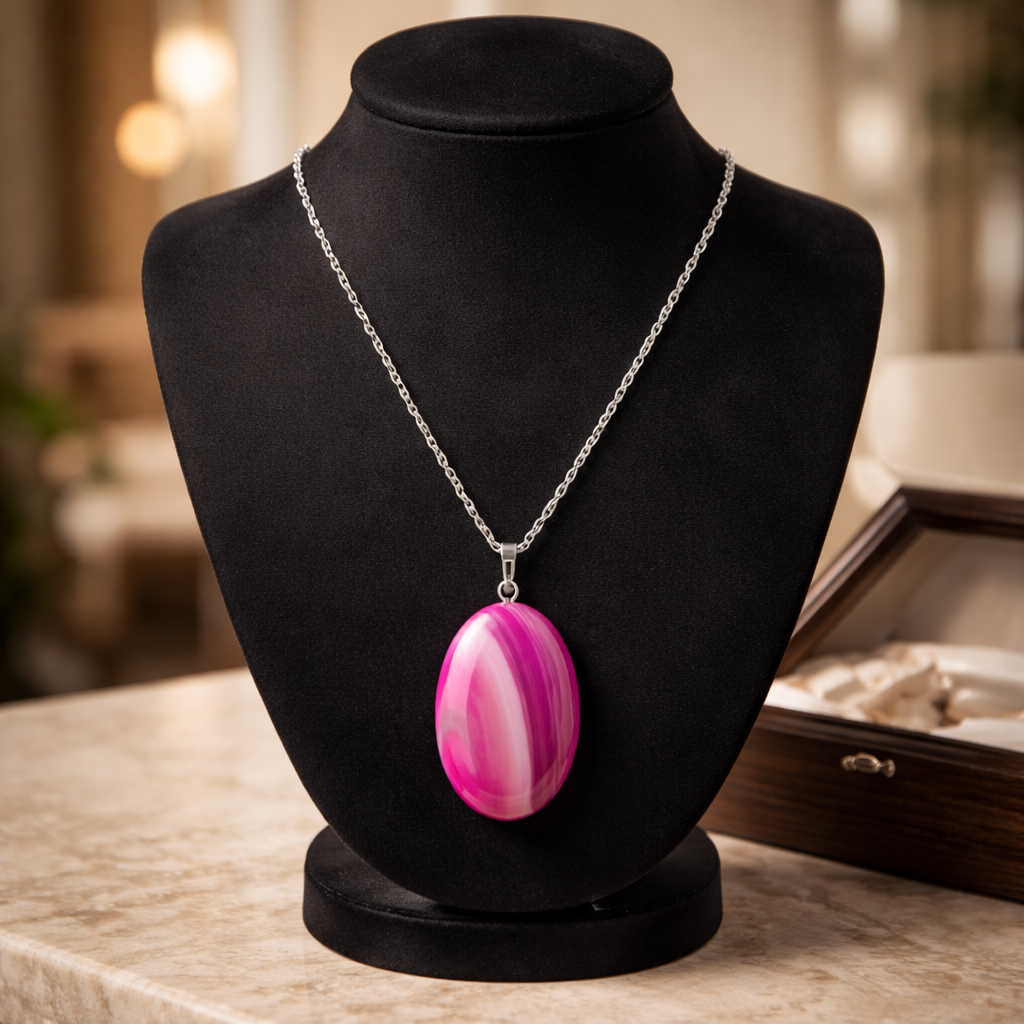 PINK AGATE NECKLACE ON STAINLESS STEEL CHAIN