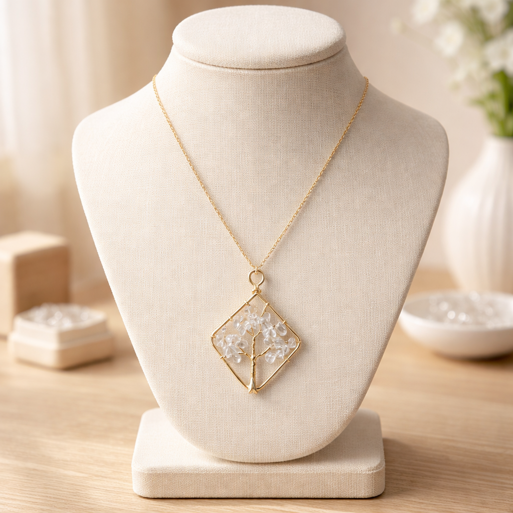 STERLING SILVER 18" GOLD PLATED CHAIN WITH CLEAR QUARTZ TREE OF LIFE PENDANT