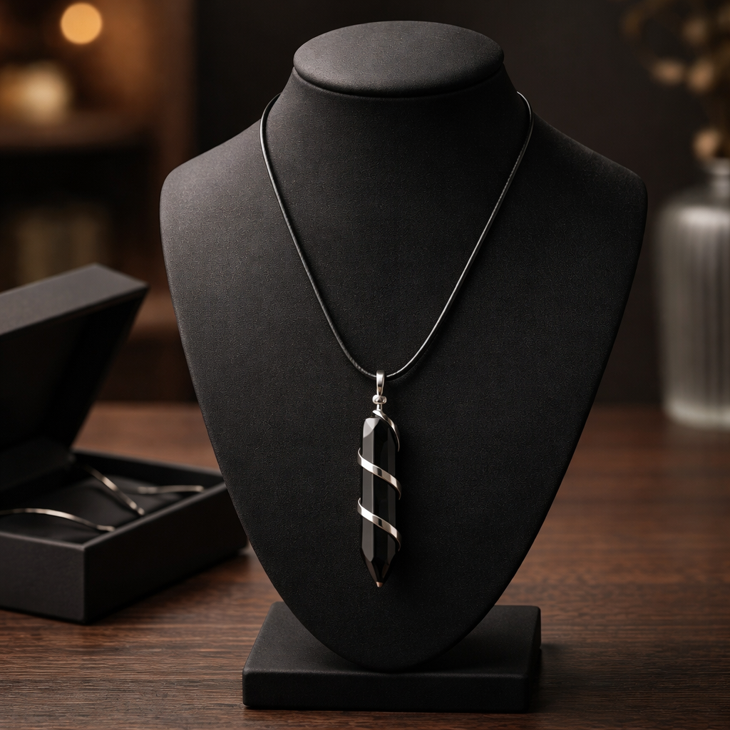 BLACK OBSIDIAN WRAPPED CRYSTAL PENDANT WITH CORD