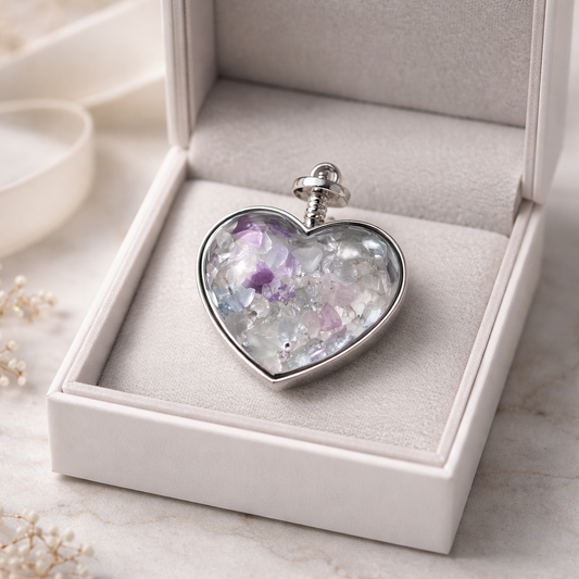 CLEAR QUARTZ AND AMETHYST SILVER HEART CHIP PENDANT
