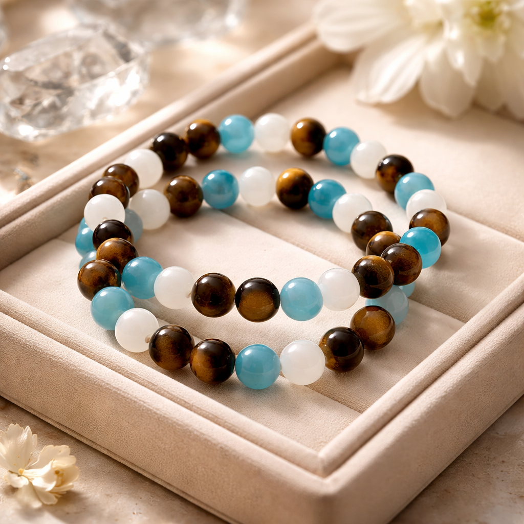 TIGER EYE-AQUAMARINE-MILKY QUARTZ BRACELET