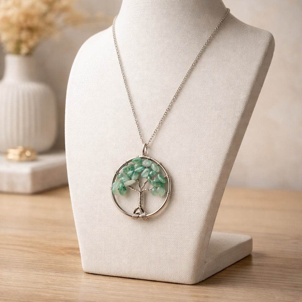 STERLING SILVER 16" CHAIN WITH GREEN AVENTURINE TREE OF LIFE PENDANT