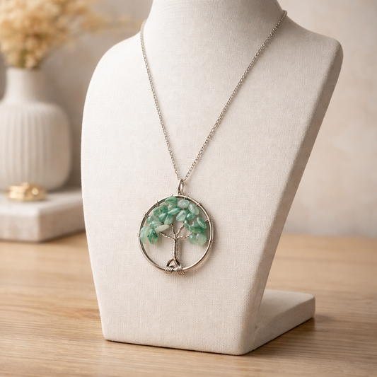 STERLING SILVER 16" CHAIN WITH GREEN AVENTURINE TREE OF LIFE PENDANT