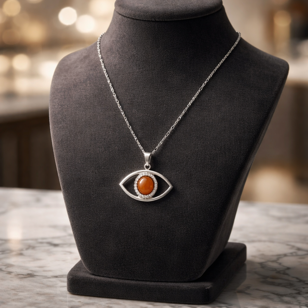 STERLING SILVER 16" ITALIAN FIGARO WITH CARNELIAN EVIL EYE PENDANT