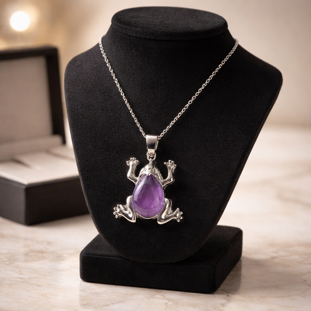 STERLING SILVER 18" CHAIN WITH PURPLE AMETHYST FROG PENDANT